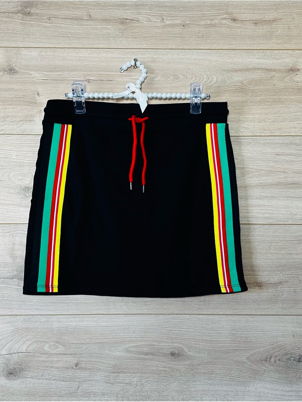 Zara Black Mini Skirt with Red Drawstring and Multicolor Side Stripes